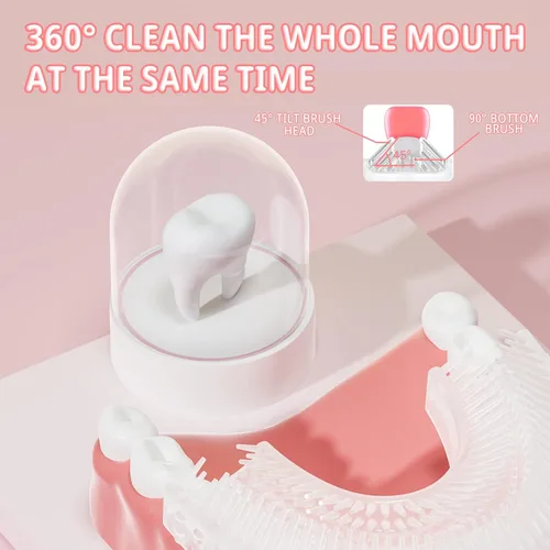 Vista 5 de Cepillo de dientes eléctrico en forma de U para niños, dinosaurio sónico, de boca completa, con 4 cabezales de cepillo suave, automático, 6 modos
