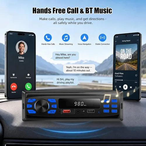 Vista 3 de SIXWIN Estéreo de coche de un solo DIN con Bluetooth 5.1 manos libres para llamar al coche, radio FM, reproductor de MP3, puerto USB dual AUX