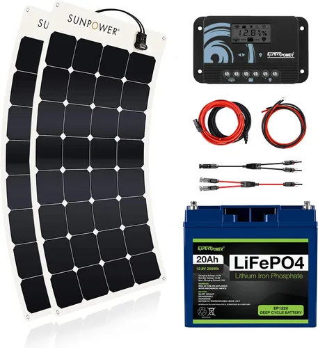 Vista 12 de ExpertPower Kit de energía solar de 100 W y 12 V Batería de litio LiFePO4 de 12 V 20 Ah Panel solar flexible de 100 W, controlador de carga
