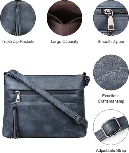 Vista 5 de MASINTOR Bolsos cruzados para mujer, bolso cruzado ligero y mediano, de cuero suave, bolsos de hombro para mujer con borla, Gris azul, Bandolera