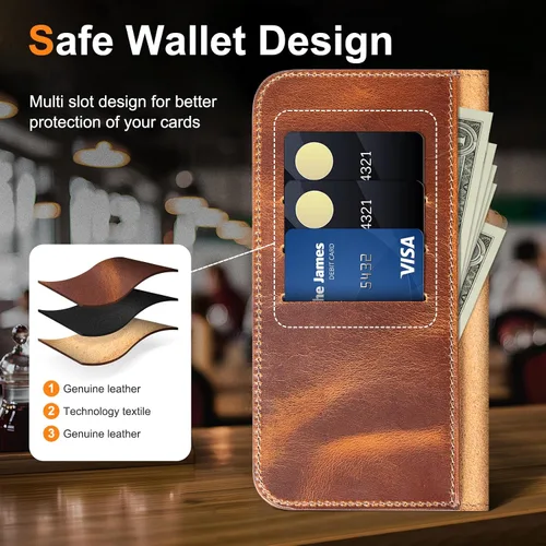 Vista 4 de Funda de cuero compatible con iPhone 16 Pro Wallet de 6.3 pulgadas, protección completa de piel auténtica a prueba de golpes, funda abatible