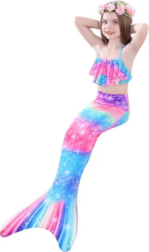 Vista 6 de DNFUN Traje de baño de sirena de 3 piezas para niñas, con cola de sirena, sin monoaleta