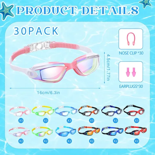 Vista 2 de Yexiya 30 pares de gafas de natación con clip nasal y tapones para los oídos, antiniebla, protección UV, sin fugas, visión amplia de verano