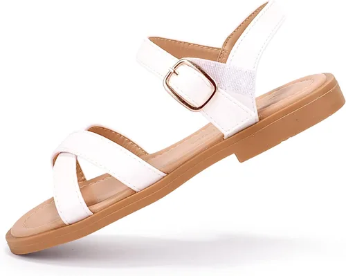 Vista 4 de PANDANINJIA Elva - Sandalias para niñas con puntera abierta, bonitas, planas, sandalias de vestir con tiras cruzadas, zapatos de verano para niños