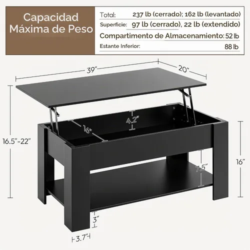 Vista 3 de Yaheetech Mesa de café de madera, mesa de centro con estante de almacenamiento oculto grande, mesa de comedor con superficie elevada para sala