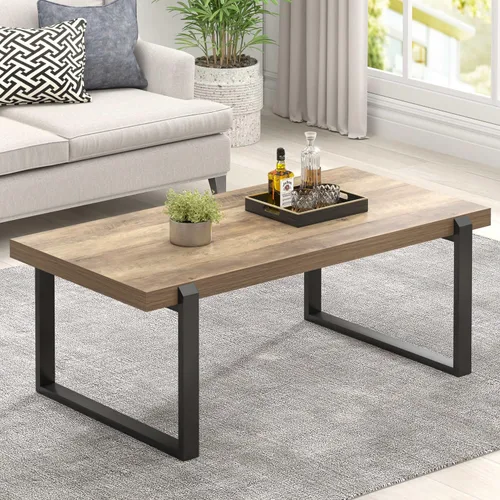 Vista 13 de FOLUBAN Mesa de café negra, mesa central moderna de madera y metal industrial, mesa rectangular de cóctel y té para sala de estar, 47 pulgadas