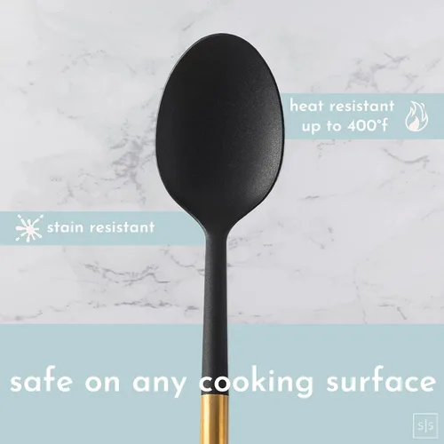 Vista 9 de Juego de utensilios de cocina negros y dorados con soporte de acero inoxidable, utensilios de cocina de nailon de 18 piezas con tazas medidoras