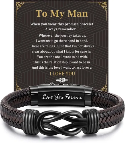 Vista 13 de MEALGUET Men's Bracelets Gifts for Men - Brown Braided Leather Infinity Knot Bracelets Engraved Love Massage for Son Man Husband Boyfriend, Mens