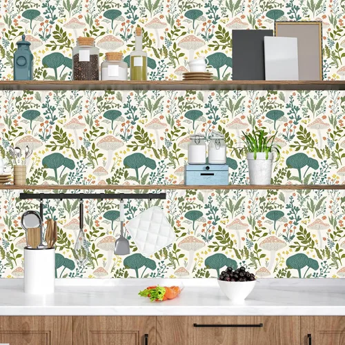 Vista 2 de Papel tapiz floral de hongos rosados para despegar y pegar, papel de contacto bohemio con hojas verdes claras, acuarela, colorido mural de pared