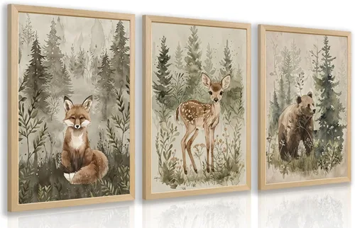 Vista 10 de kilamino Arte de pared de bosque neutral con animales salvajes, lindo póster de oso y zorro para guardería, impresiones de póster de aventura