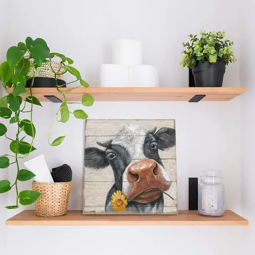 Vista 2 de Cuadros rústicos de vaca para decoración de pared: lienzo de vaca de granja, arte de pared, vaca de granja con girasol en panel de madera, póster