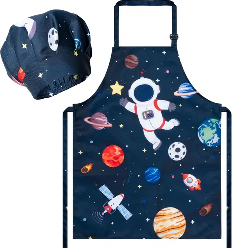Vista 20 de R HORSE Juego de delantal y sombrero de chef para niños, 2 piezas, mini parrilla ajustable, delantal de cocina para niños, juego de rol, juguete