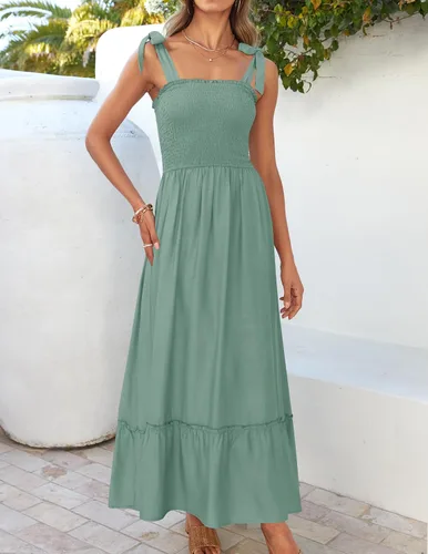 Vista 2 de ZESICA - Vestido largo bohemio de verano para mujer, diseño acampanado, con tirantes delgados, cuello cuadrado y volantes, para la playa, unicolor