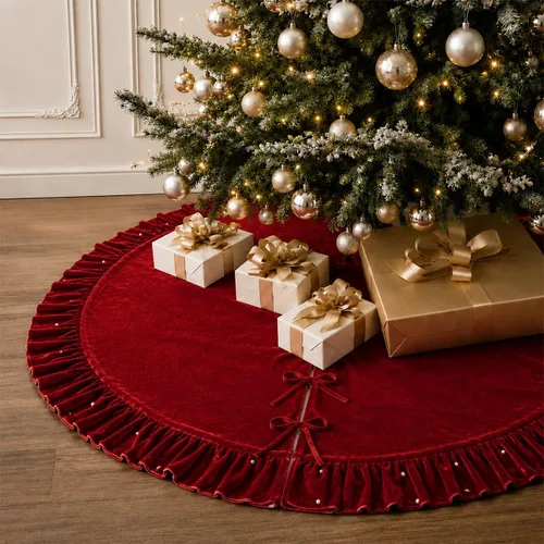 Vista 16 de Faldones de Felpa para Árbol de Navidad, 24 pulgadas, Lujosa Cubierta de Base de Árbol de Navidad de Piel Sintética Negra con Copos de Nieve Dorados