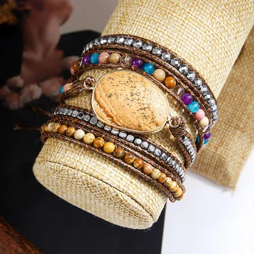 Vista 2 de Women Boho Wrap Bracelet Natural Jasper Crystal Stone Bead Strand Bracelets Marrón