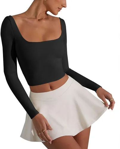 Vista 3 de Camiseta básica de manga larga con cuello cuadrado para mujer, con doble forro