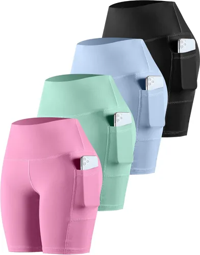 Vista 7 de CHRLEISURE - Pantalones cortos de ciclismo para mujer con bolsillos de licra, cintura alta, con control de abdomen para entrenamiento, yoga