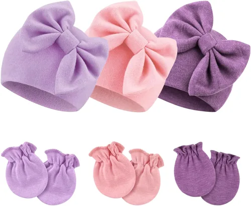 Vista 24 de BQUBO Gorros para Niñas Recién Nacidas Conjunto de Gorro y Manoplas para Bebé Gorros para Infantes con Moño Gorro de Hospital con Manoplas