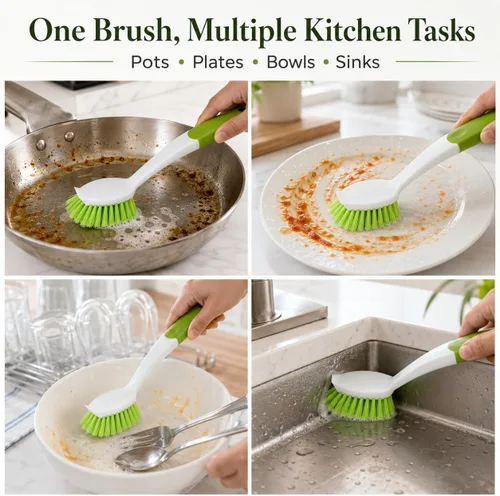 Vista 6 de Juego de 2 cepillos para platos con mango largo Limpiador de platos con cerdas rígidas para cocina, fregadero, ollas, sartenes