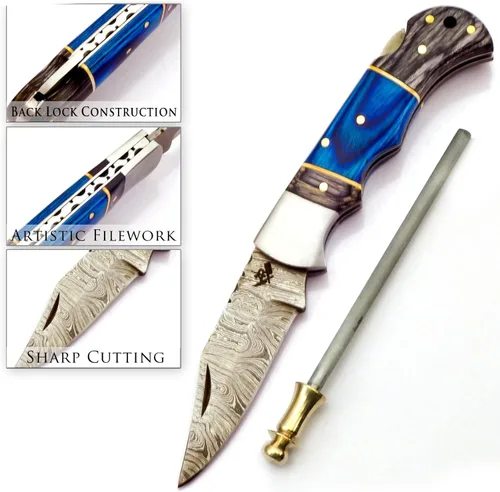 Vista 5 de AR Damascus - Cuchillo plegable de bolsillo hecho a mano para supervivencia al aire libre, hecho de mango de madera y acero de Damasco, junto