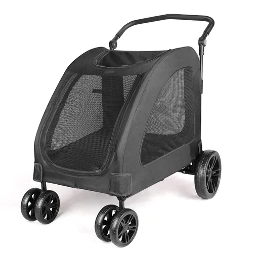 Vista 12 de Cochecito de viaje grande para perros con 4 ruedas resistentes, con mango ajustable, doble capacidad para perros con puerta delantera trasera