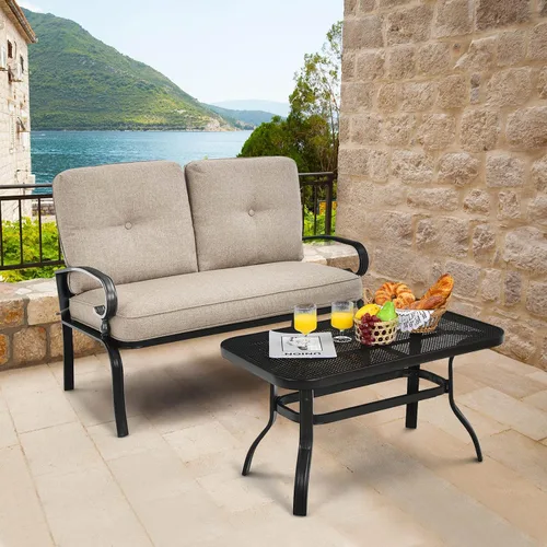 Vista 2 de Tangkula Sofá biplaza de patio con juego de mesa, sofá acolchado de 2 asientos con mesa auxiliar, juego de sofá de conversación para patio con marco