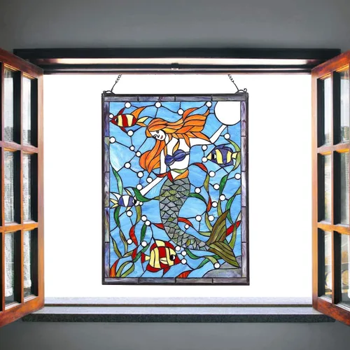 Vista 2 de Bieye W10039 - Panel de ventana de cristal estilo Tiffany con diseño de sirena con pez, forma rectangular, 19 pulgadas de ancho x 27 pulgadas de alto