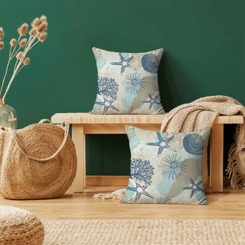Vista 2 de Juego de 2 fundas de almohada de verano de 16 x 16 pulgadas, diseño de estrella de mar, coral y conchas marinas, fundas decorativas de lino