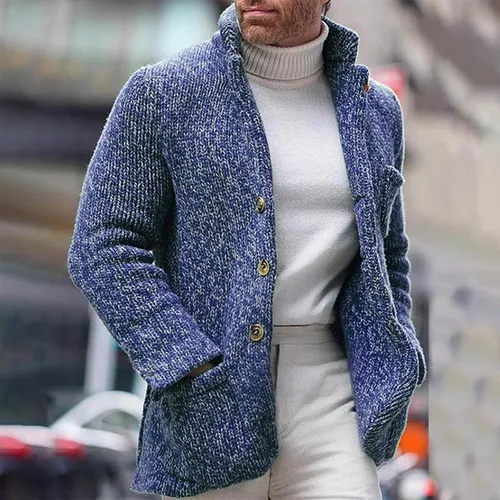 Vista 3 de Men's Knit Coats Casual Button Cardigan Sweater Stand Collar Chunky Knitted Jacket Outerwear Fall Winter Knitwear