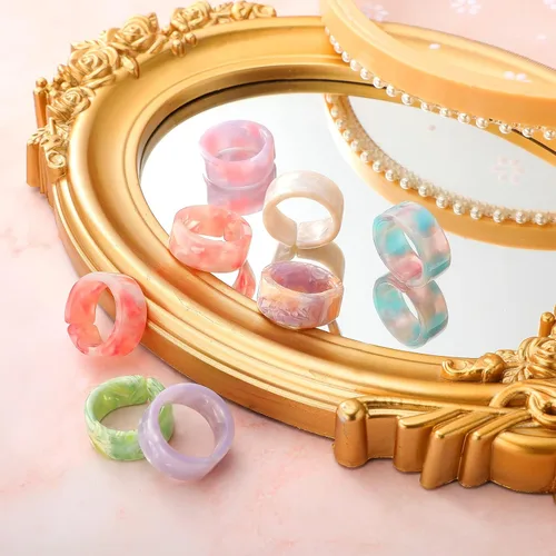 Vista 3 de Juego de 25 anillos de resina coloridos, anillos finos de plástico acrílico, anillos abiertos ajustables, anillo estético retro, regalo para el día
