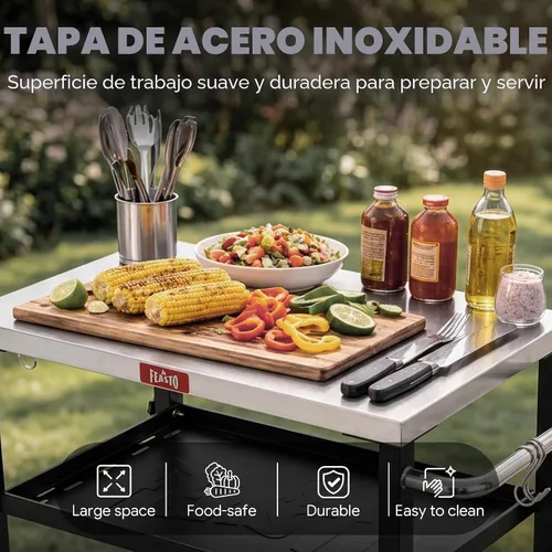 Vista 4 de Feasto Mesa de parrilla de 3 estantes, soporte para horno de pizza con estante, carrito de parrilla para horno de pizza móvil, parrilla