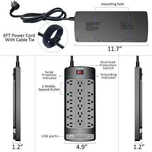 Vista 7 de Regleta protectora de sobretensiones de 18 tomas – Cable de extensión de enchufe plano de 6 pies resistente con 18 tomas amplias y 4 puertos USB