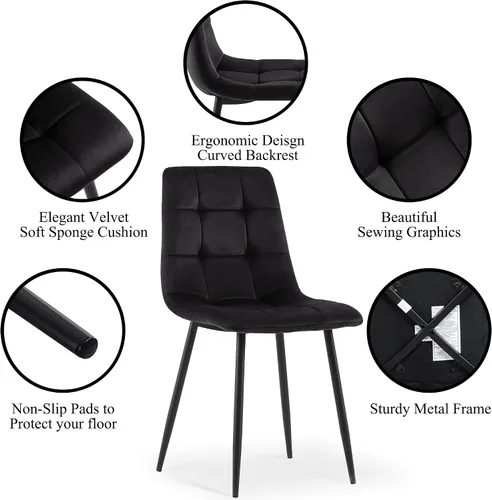 Vista 6 de NORDICANA Juego de 2 sillas de comedor, sillas de cocina tapizadas, sillas laterales de terciopelo negro con cómodos cojines y patas de metal
