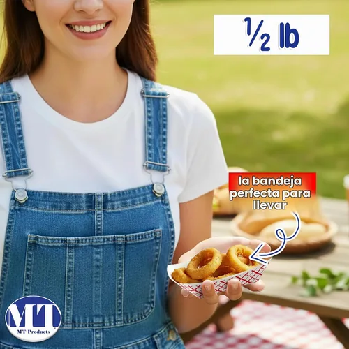 Vista 4 de MT Products Bandejas de papel desechables pequeñas de 1/2 lb – Paquete de 100 – Barcos de papel a cuadros resistentes a la grasa para aperitivos
