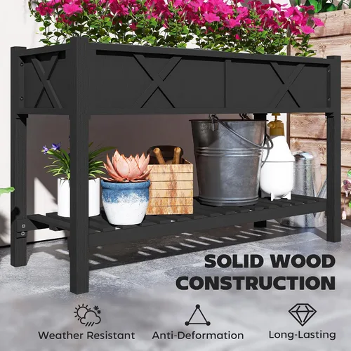 Vista 6 de Outsunny - Jardinera elevada de madera con estante de almacenamiento, orificios de drenaje y forro para el patio trasero, la terraza, el balcón, 47