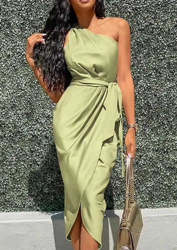 Vista 6 de PRETTYGARDEN Vestido de verano de satén fruncido de un hombro para mujer, sin mangas, envolvente, primavera, boda, cóctel, vestido midi