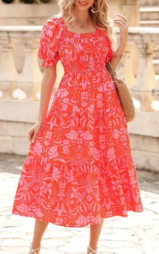 Vista 2 de PRETTYGARDEN Vestidos de verano con estampado floral bohemio para mujer, cuello cuadrado, manga abombada, acampanado, vestido largo casual fruncido