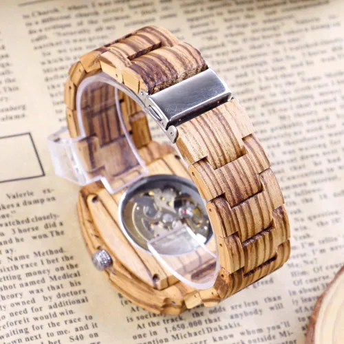 Vista 5 de Dentily Reloj de madera para hombre, triángulo, esqueleto automático, reloj mecánico de madera para hombre