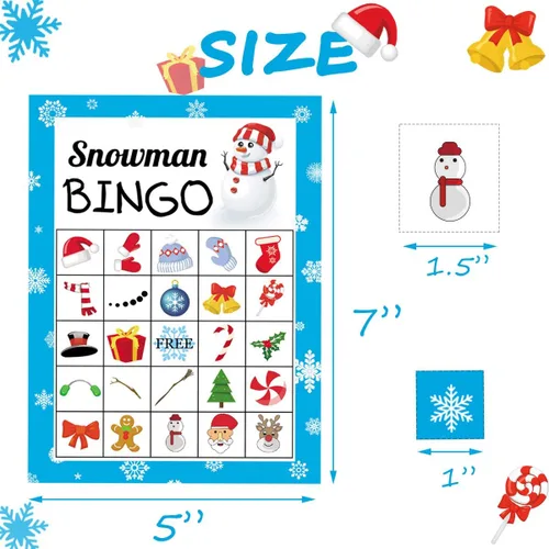 Vista 3 de Juego de bingo navideño de Happy Storm para niños y adultos, tarjetas de muñeco de nieve, 24 jugadores, juegos de invierno y actividades festivas
