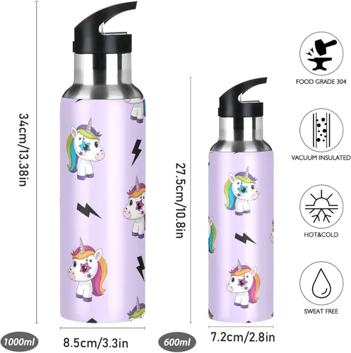 Vista 2 de Insulated Stainless Steel Water Bottle with Straw 32 Oz, Leakproof Water Bottles for Gym Outdoor Travel School, Cute Unicorns Rainbow