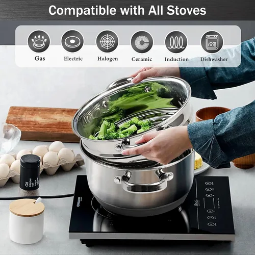 Vista 5 de AuFranc® olla de 4 cuartos de acero inoxidable 18/10 de tres capas con tapa de vidrio templado y vaporera, olla a vapor multiusos compatible