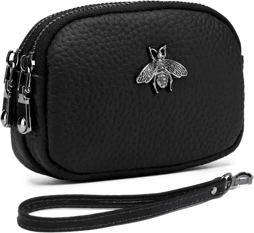 Vista 7 de Monedero de cuero para mujer, billetera pequeña para mujer, bolsa de cambio A-Negro