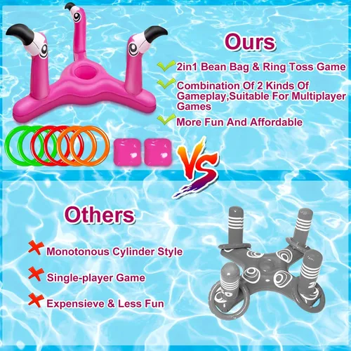 Vista 3 de Juego de juguetes inflables de flamenco 2 en 1 para lanzar y lanzar anillos. Juego de juguetes inflables de flamenco para piscina y cornhole