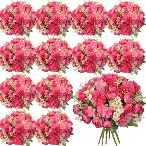 Vista 11 de Tigeen - 12 paquetes de flores artificiales de peonías, rosas sintéticas Azul
