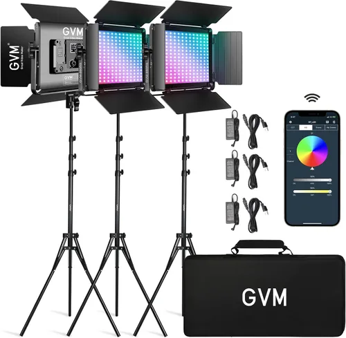 Vista 8 de GVM Kits de iluminación de fotografía RGB con 3 cajas de luz, luces de estudio 880RS 60W con control Bluetooth, 3 paquetes de luz de video con 18