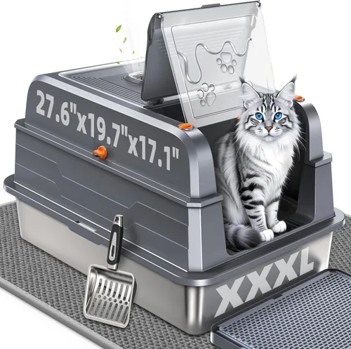 Vista 10 de CATLIKE XXXL - Caja de arena de acero inoxidable para gatos, 3 capas de orina a prueba de fugas, diseño cerrado con filtro de carbón para Maine Coon