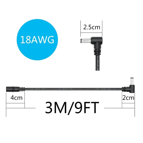 Vista 7 de Cable de extensión de alimentación de 9 pies - 0.217 in x 0.083 in, 18AWG, ángulo recto de 90 grados DC 5521 macho a hembra, cable de alimentación