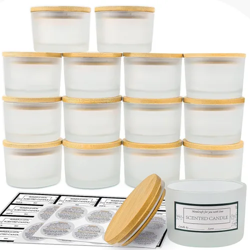 Vista 10 de CONNOO Paquete de 15 tarros de vela de vidrio ámbar de 4 onzas con tapas de bambú para hacer velas, recipientes de vidrio pequeños de boca ancha a