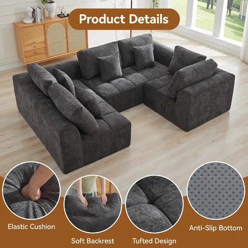 Vista 50 de Sofás seccionales modulares de 110 pulgadas para sala de estar, sofá seccional comprimido sin hueso, sofá de espuma viscoelástica tapizado de 3 Beige