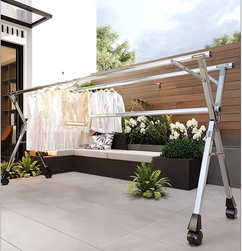 Vista 6 de Estante de secado de ropa de acero inoxidable de 63 pulgadas, perchero plegable para ropa, perchero de ropa ajustable de longitud ajustable